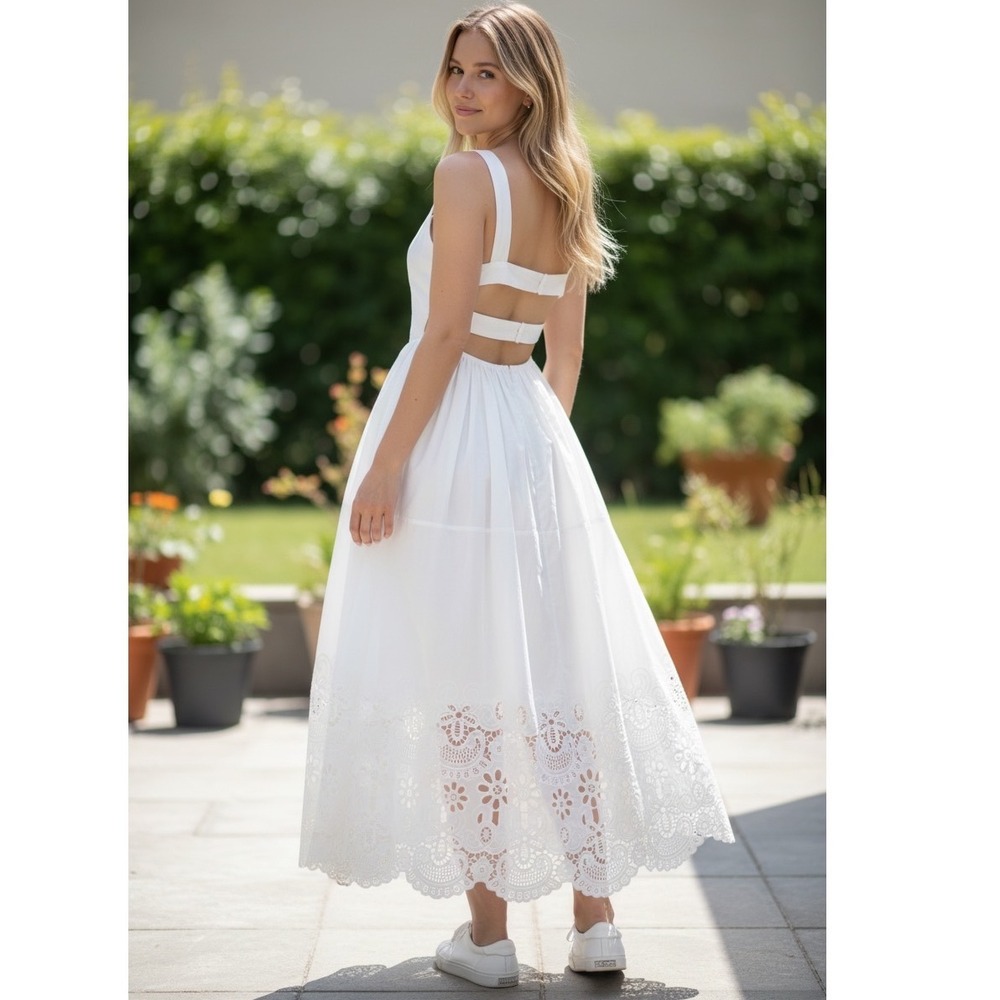 Innovare Denim Kajsa Backless Floral Maxi Dress White Eyelet Lace Size Large NWT